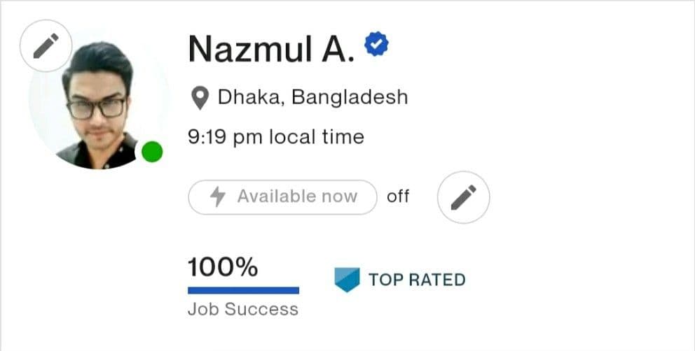 Historic Upwork screenshot showing Nazmul's 100% Job Success and Top Rated status